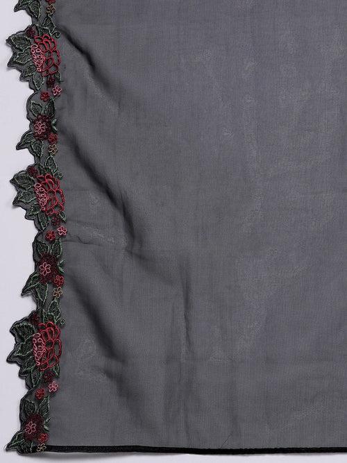 Varanga Women Black Embroidered Scallop Kurta Paired With Bottom And Dupatta