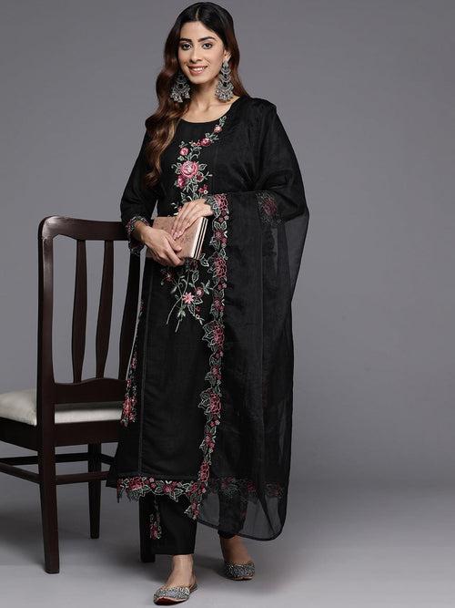 Varanga Women Black Embroidered Scallop Kurta Paired With Bottom And Dupatta