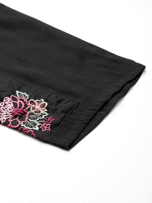 Varanga Women Black Embroidered Scallop Kurta Paired With Bottom And Dupatta