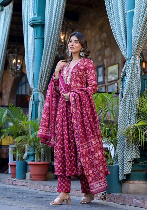 Varanga Women Floral Printed Embellished Anarkali Kurta Paired With Printed Bottom And Dupatta