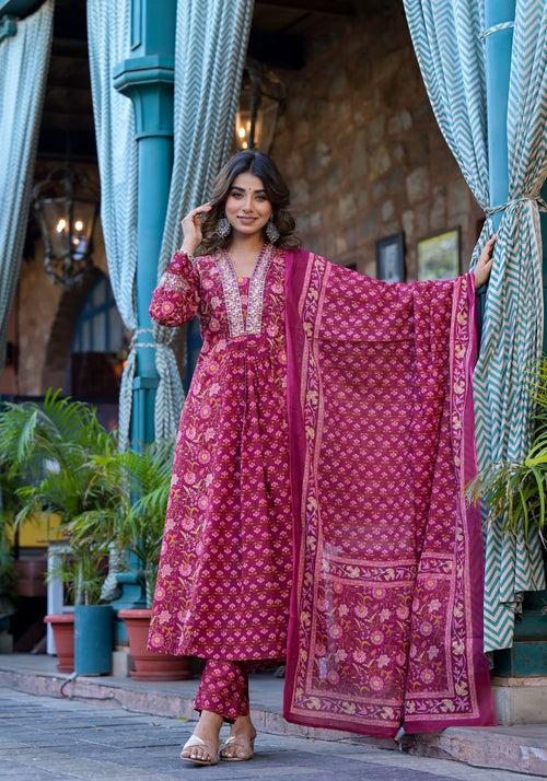 Varanga Women Floral Printed Embellished Anarkali Kurta Paired With Printed Bottom And Dupatta