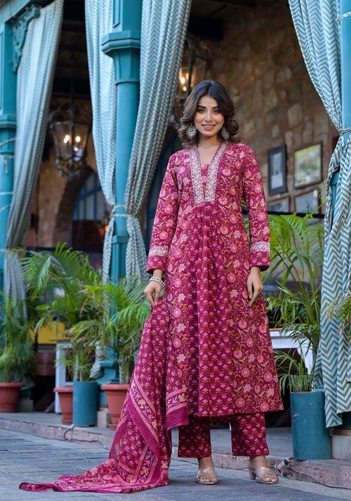 Varanga Women Floral Printed Embellished Anarkali Kurta Paired With Printed Bottom And Dupatta