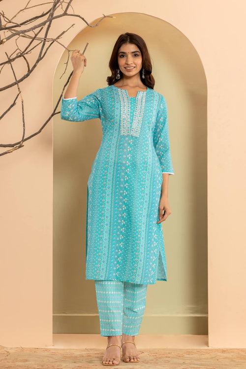 Varanga Women Blue Printed Round Neck Straight Kurta Paired With Bottom And Dupatta