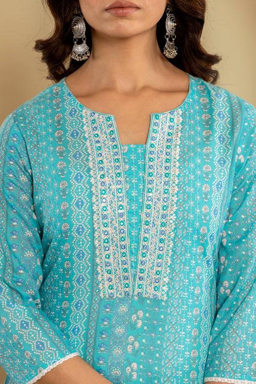 Varanga Women Blue Printed Round Neck Straight Kurta Paired With Bottom And Dupatta