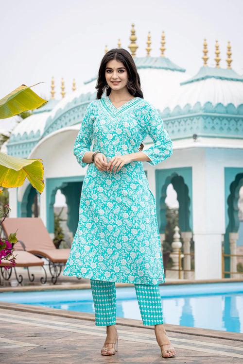 Varanga Women Blue V Neck Embroidered Kurta Paired With Printed Bottom And Dupatta