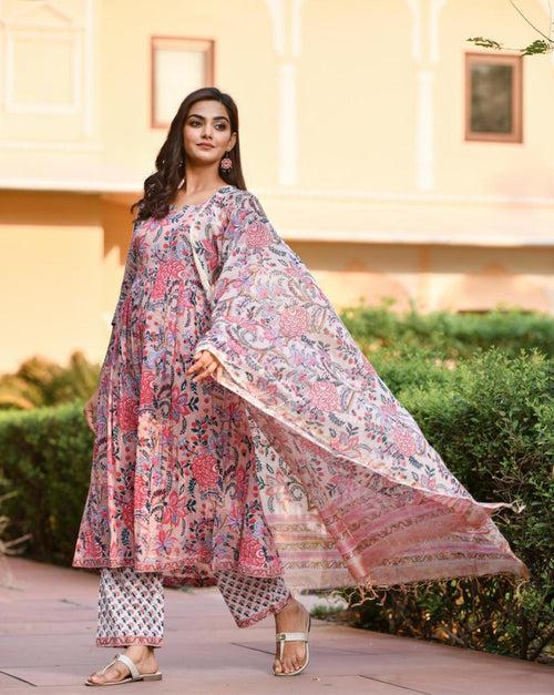 Peach & Baby Pink Printed Fancy Kurti With Bottom Dupatta set