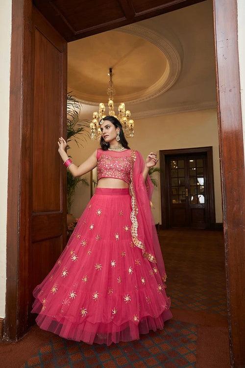 Bright Pink Colour Thread and Embroidery Work lehenga Choli