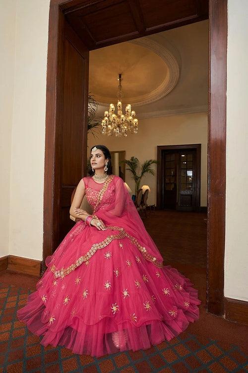 Bright Pink Colour Thread and Embroidery Work lehenga Choli