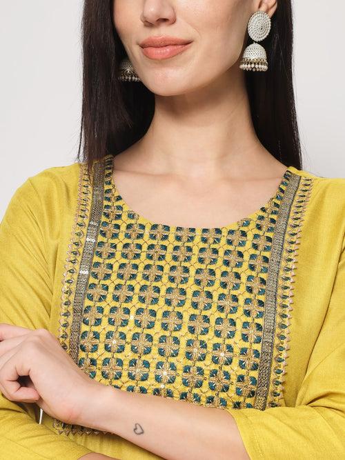 Lemon Colour Cotton Embrodared Casual Wear Kurta Pant Dupatta Set For Women's