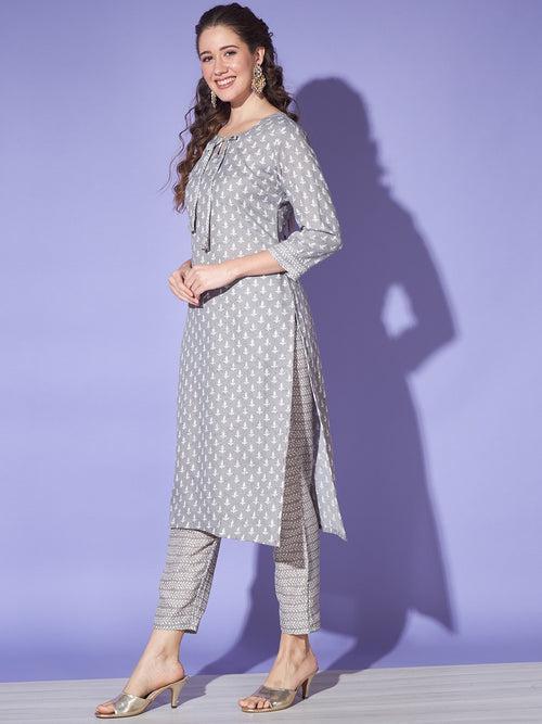 Grey Colour Cotton Jaipuri Printed Casual Wear Kurta Pant Set For Women's