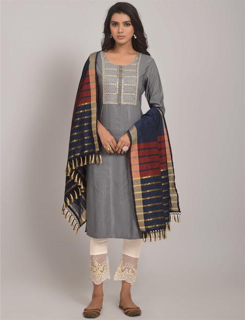 Grey Party Wear Embroidery Worked Kurta With Pant And Duppata Set