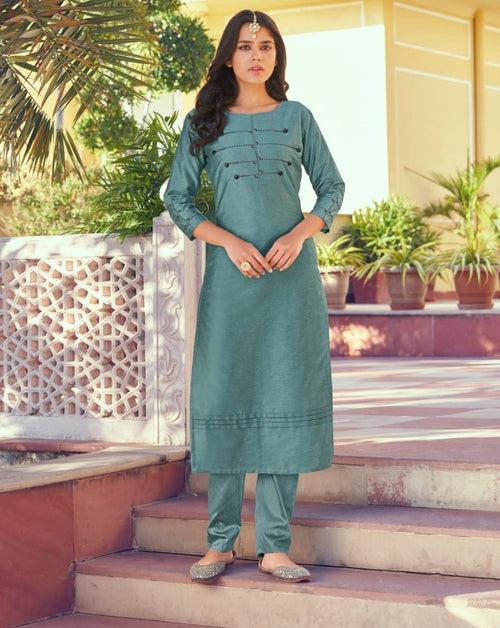 Teal Blue Latest Roman Silk Kurti With Pant