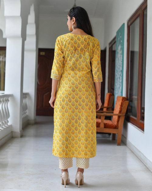 Yellow Printed Straight Kurta and Pant Set with Dupatta