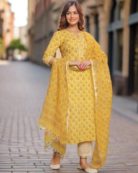 Yellow Printed Straight Kurta and Pant Set with Dupatta