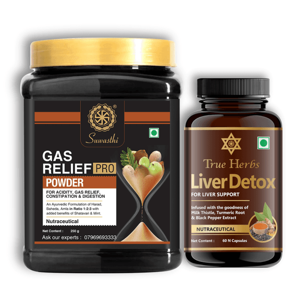 Pack of Suwasthi Gas Relief Pro Powder & True Herbs Liver Detox