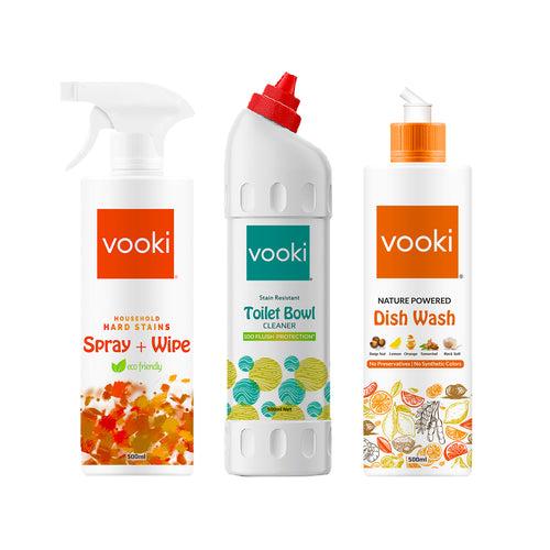 Combo| Vooki Nature Powered Dish Wash, Toilet Bowl Cleaner And Hard Stain Spray + Wipe