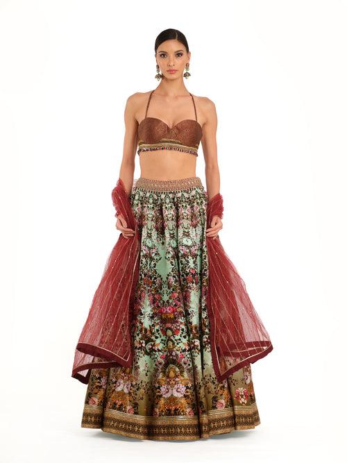 Digital Print Lehenga with Brocade Tie-Up Blouse