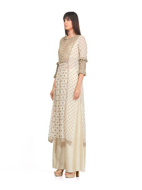 Ivory Tunic Set with Flared Raw Silk Pants