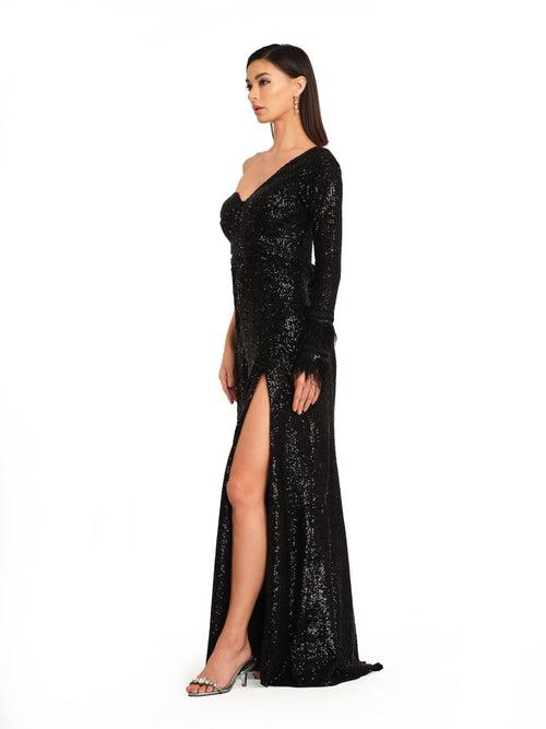 Off Shoulder Gown with Feather Detailing on sleeve cuff