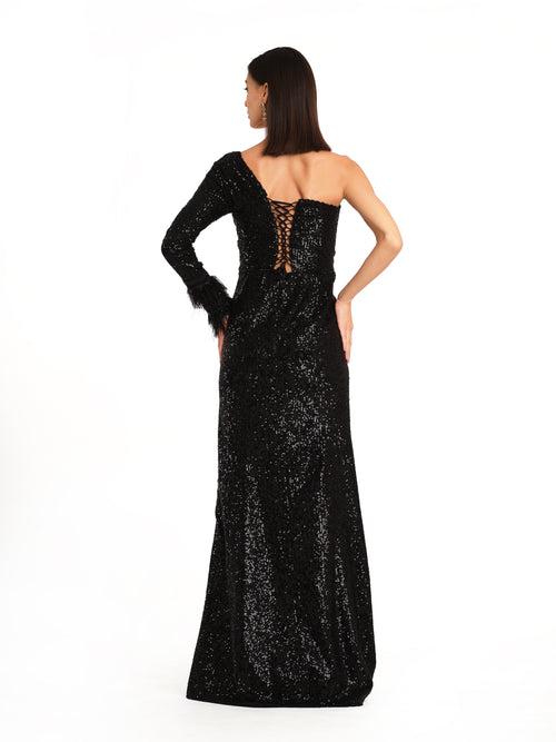 Off Shoulder Gown with Feather Detailing on sleeve cuff