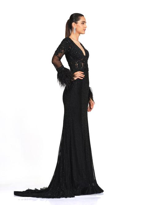 Beaded Embroidered Gown with Feather Detailing