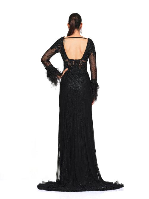 Beaded Embroidered Gown with Feather Detailing