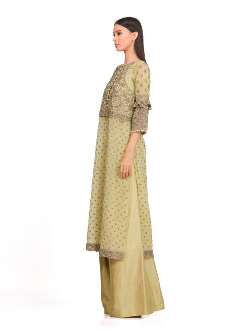 Embroidered Tunic Set with Flared Raw Silk Pants