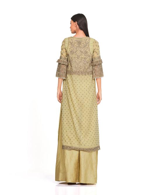 Embroidered Tunic Set with Flared Raw Silk Pants