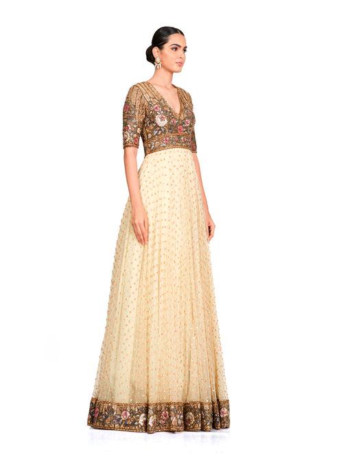 Embroidered Long Gown with Flare Bottom