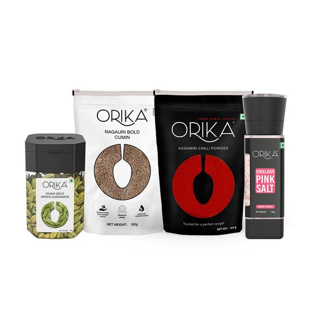 Orika Gourmet Spice Fusion Idduki Bold Green Cardamom 60g, Nagauri Bold Cumin 100g, Kashmiri red chili Powder 100g, Pink salt 100g