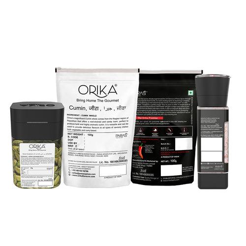 Orika Gourmet Spice Fusion Idduki Bold Green Cardamom 60g, Nagauri Bold Cumin 100g, Kashmiri red chili Powder 100g, Pink salt 100g