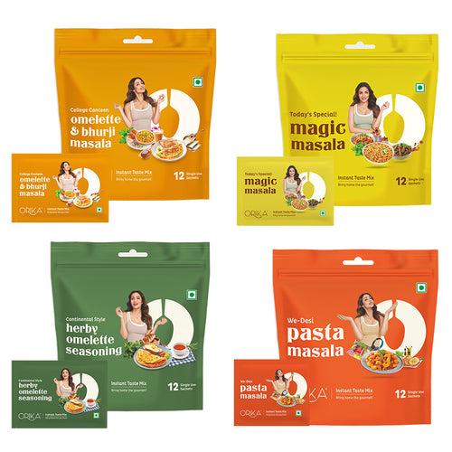 Combo Pack of 4 (College Canteen Omelette Masala + Herby Omelette Sesoning + We Desi Pasta Masala + Magic Masala)  12 Sachet Each