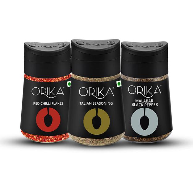 Orika combo pack of Malabar Black Pepper, Italian Seasoning & Red Chillli flakes Sprinklers (Pack of 3)