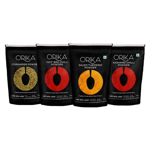 Orika Kitchen Essentials Combo of 4 ( Salem Turmeric + Hot Red Chilli Powder + Kashmiri Red Chilli Powder +  Coriander Powder ) 100 Gm Each