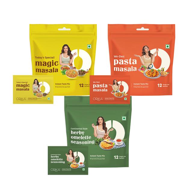 Instant We Desi Pasta Masala with Magic Masala & Herby Omelette Masala Combo - Pack of 3 (12 single use sachets in each Pack)