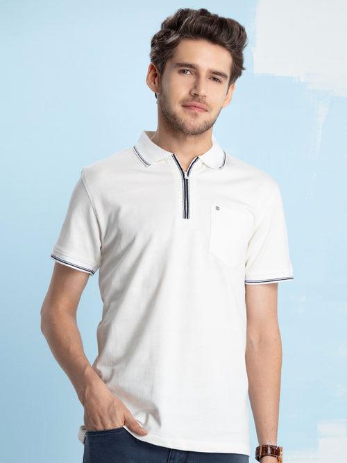 OTTO - White Knit Zipper Tipping Polo T Shirt - HSRK34251_WHITE