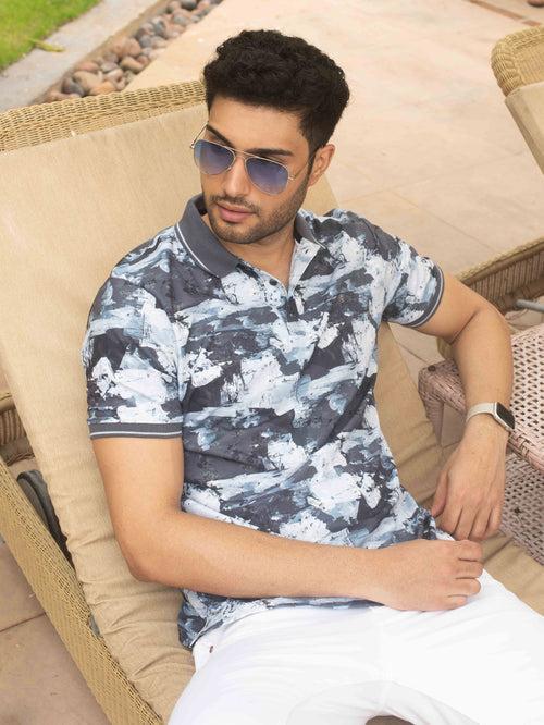 Dark Grey Digital Printed Self Structured Polo T Shirt - HOFSDP35227_DPAOP