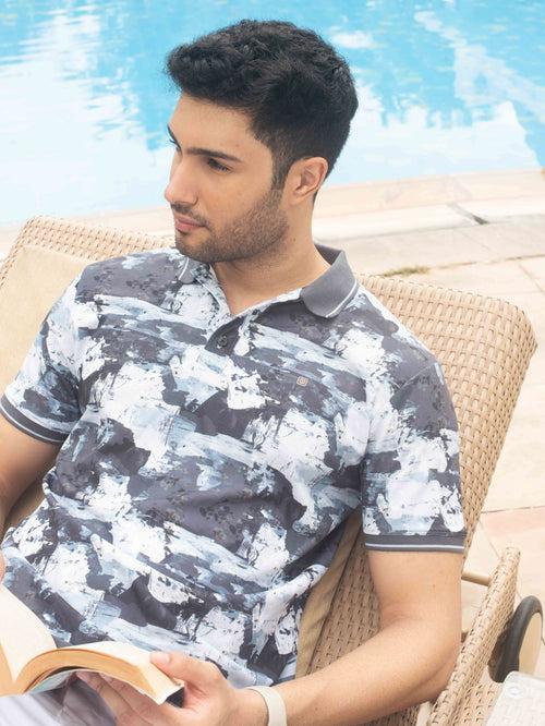 Dark Grey Digital Printed Self Structured Polo T Shirt - HOFSDP35227_DPAOP