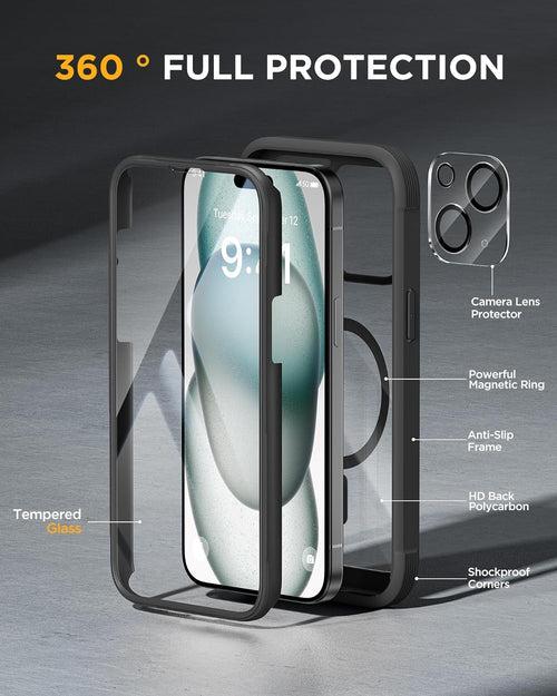 iPhone 15 Series : Cases Villa 360° Protection Case 9H Tempered Glass Cover with MagSafe