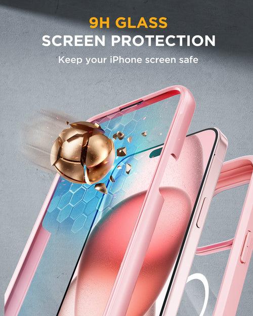 iPhone 15 Plus - Pink : Cases Villa 360° Protection Case 9H Tempered Glass Cover with MagSafe