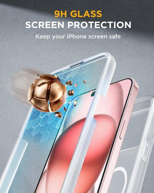 iPhone 15 - Matte Clear : Cases Villa 360° Protection Case 9H Tempered Glass Cover with MagSafe