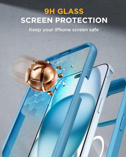 iPhone 15 Plus - Light Blue : Cases Villa 360° Protection Case 9H Tempered Glass Cover with MagSafe