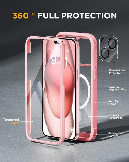 iPhone 15 Plus - Pink : Cases Villa 360° Protection Case 9H Tempered Glass Cover with MagSafe