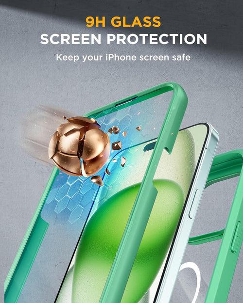 iPhone 15 - Green : Cases Villa 360° Protection Case 9H Tempered Glass Cover with MagSafe
