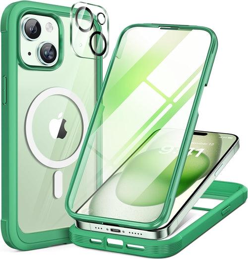 iPhone 15 Plus - Green : Cases Villa 360° Protection Case 9H Tempered Glass Cover with MagSafe