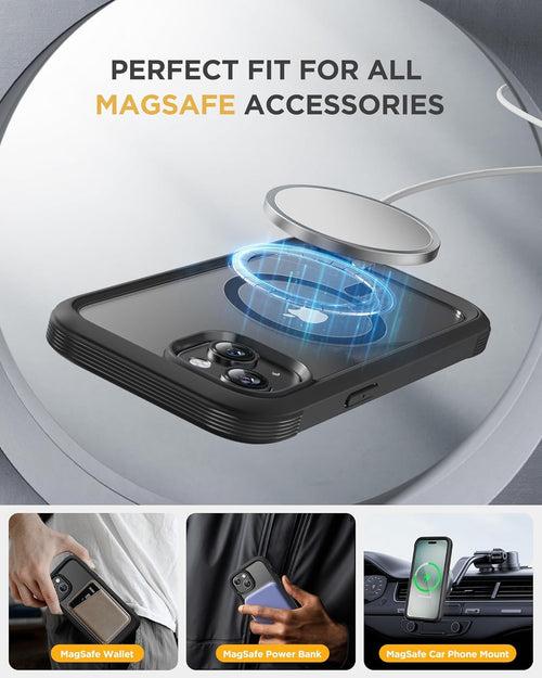 iPhone 15 - Black : Cases Villa 360° Protection Case 9H Tempered Glass Cover with MagSafe