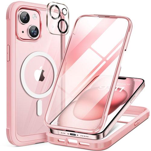 iPhone 15 Plus - Pink : Cases Villa 360° Protection Case 9H Tempered Glass Cover with MagSafe