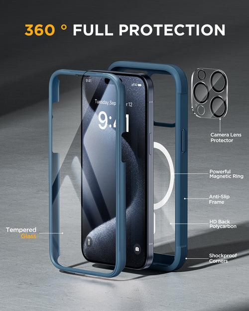 iPhone 15 Series : Cases Villa 360° Protection Case 9H Tempered Glass Cover with MagSafe