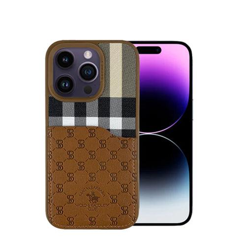 iPhone 14 Cover - Santa Barbara Genuine Leather Card Holder Case Plaid Series