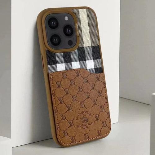 iPhone 14 Pro Max Cover - Santa Barbara Genuine Leather Card Holder Case Plaid Series